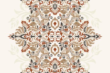 Beyaz arkaplan vektörü illüstrasyonunda Damask Ikat çiçek deseni. Mürekkep deseni deseni nakış soyut, el çizimi, barok. Doku, kumaş, giysi, ambalaj, süs, atkı, halı için tasarım.