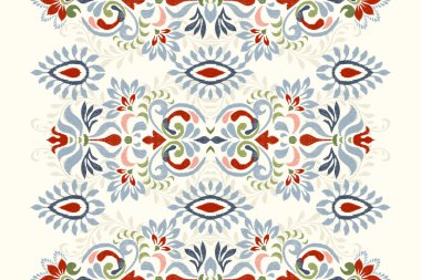 Beyaz arkaplan vektörü illüstrasyonunda Damask Ikat çiçek deseni. Mürekkep deseni deseni nakış soyut, el çizimi, barok. Doku, kumaş, giysi, ambalaj, süs, atkı, halı için tasarım.