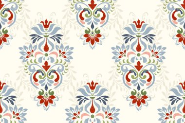 Beyaz arkaplan vektör illüstrasyonunda Ikat çiçek deseni. Ikat oryantal nakış, el çizimi, barok desen. Doku, kumaş, giysi, dekorasyon, sarong, moda kadınları için tasarım..