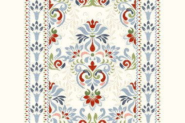 Beyaz arkaplan vektörü illüstrasyonunda Damask Ikat çiçek deseni. Mürekkep deseni deseni nakış soyut, el çizimi, barok. Doku, kumaş, giysi, ambalaj, süs, atkı, halı için tasarım.
