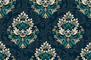 Siyah arkaplan vektör illüstrasyonundaki çiçeksiz desen. Ikat oryantal nakış, el çizimi, barok desen. Doku, kumaş, giysi, dekorasyon, sarong, moda kadınları için tasarım..