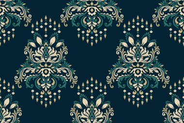 Siyah arkaplan vektör illüstrasyonundaki çiçeksiz desen. Ikat oryantal nakış, el çizimi, barok desen. Doku, kumaş, giysi, dekorasyon, sarong, moda kadınları için tasarım..