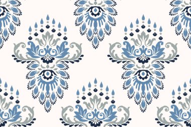 Beyaz arkaplan vektör illüstrasyonunda Ikat çiçek deseni. Ikat oryantal nakış, el çizimi, barok desen. Doku, kumaş, giysi, dekorasyon, sarong, moda kadınları için tasarım.
