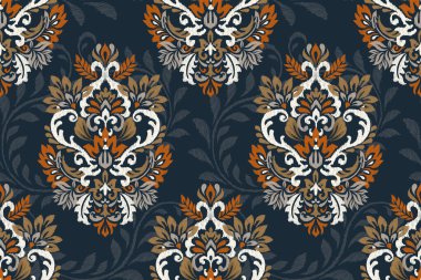 Ikat çiçek deseni, lacivert arkaplan vektör illüstrasyonunda. Ikat oryantal nakış, el çizimi, barok desen. Doku, kumaş, giysi, dekorasyon, sarong, moda.