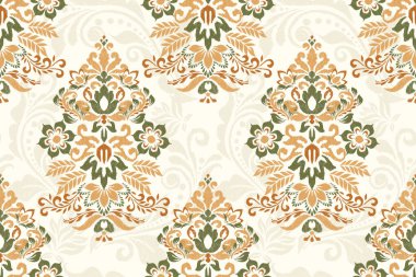 Beyaz arkaplan vektör illüstrasyonunda Ikat çiçek deseni. Ikat oryantal nakış, el çizimi, barok desen. Doku, kumaş, giysi, dekorasyon, sarong, moda kadınları için tasarım.