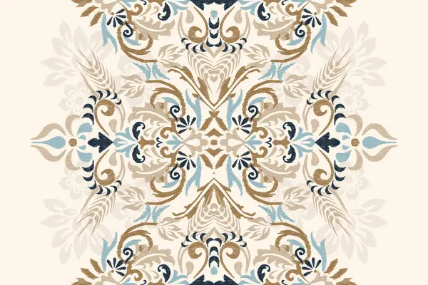 Beyaz arkaplan vektörü illüstrasyonunda Damask Ikat çiçek deseni. Mürekkep deseni deseni nakış soyut, el çizimi, barok. Doku, kumaş, giysi, ambalaj, süs, atkı, halı için tasarım.