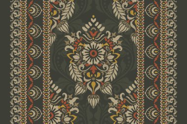 Yeşil arkaplan vektörü illüstrasyonunda Damask Ikat çiçek deseni. Mürekkep deseni deseni nakış soyut, el çizimi, barok. Doku, kumaş, giysi, ambalaj, süs, atkı, halı için tasarım.