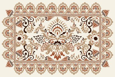 İran halısı. Beyaz arkaplan vektör illüstrasyonunda Ikat çiçek deseni. Etnik doğuya özgü nakış, soyut tasarım. Doku, kumaş, giysi, dekorasyon, halı, İran halısı, parmak izi,.