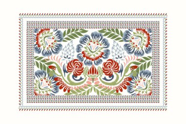 İran halısı. Beyaz arkaplan vektör illüstrasyonunda Ikat çiçek deseni. Etnik doğuya özgü nakış, soyut tasarım. Doku, kumaş, giysi, dekorasyon, halı, İran halısı, parmak izi,.