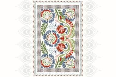 İran halısı. Beyaz arkaplan vektör illüstrasyonunda Ikat çiçek deseni. Etnik doğuya özgü nakış, soyut tasarım. Doku, kumaş, giysi, dekorasyon, halı, İran halısı, parmak izi,.