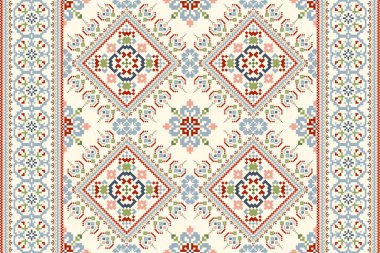 Geometrik etnik oryantal desen vektörü illüstrasyonu.Beyaz zemin üzerine çiçek pikseli sanat nakışı, Aztek tarzı, soyut arkaplan. Doku, kumaş, giysi, ambalaj, dekorasyon, eşarp, baskı