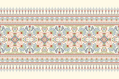 Geometrik etnik oryantal desen vektörü illüstrasyonu.Beyaz zemin üzerine çiçek pikseli sanat nakışı, Aztek tarzı, soyut arkaplan. Doku, kumaş, giysi, ambalaj, dekorasyon, eşarp, baskı