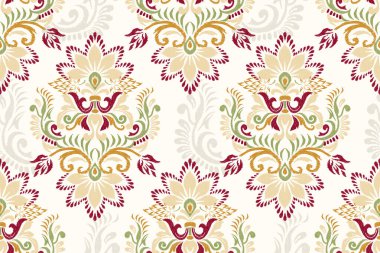 Beyaz arkaplan vektörü illüstrasyonunda Ikat çiçekli desensiz desen. Ikat nakış geleneği. Doku, kumaş, giysi, dekorasyon için tasarım.