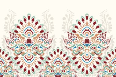 Beyaz arkaplan vektör illüstrasyonunda Ikat çiçekli desen. Doku, kumaş, giysi, dekorasyon için Ikat nakış geleneği..