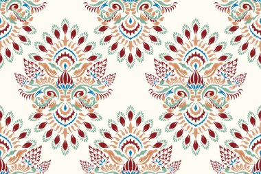 Beyaz arkaplan vektörü illüstrasyonunda Ikat çiçekli desensiz desen. Ikat nakış geleneği. Doku, kumaş, giysi, dekorasyon için tasarım.