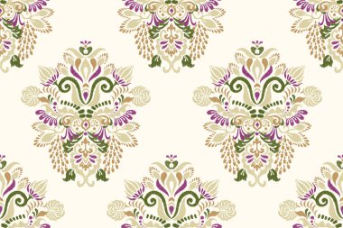 Beyaz arkaplan vektörü illüstrasyonunda Ikat çiçekli desensiz desen. Ikat nakış geleneği. Doku, kumaş, giysi, dekorasyon için tasarım.