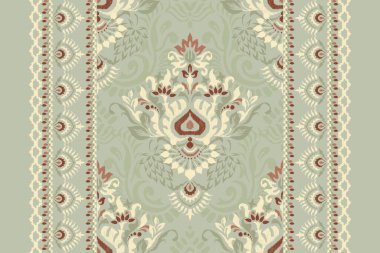 Yeşil arkaplan vektörü illüstrasyonunda Damask Ikat çiçek deseni. Mürekkep deseni deseni nakış soyut, el çizimi, barok. Doku, kumaş, giysi, ambalaj, süs, atkı, halı için tasarım.