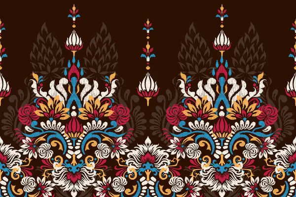 stock vector Indian Ikat floral pattern on dark brown background vector illustration.ink texture embroidery.Aztec style abstract,hand drawn,baroque.design for texture,fabric,clothing,wrapping,decoration,print.