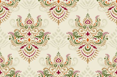 Beyaz arkaplan vektör illüstrasyonunda Ikat çiçek deseni. Ikat oryantal nakış, el çizimi, barok desen. Doku, kumaş, giysi, dekorasyon, sarong, moda kadınları için tasarım.