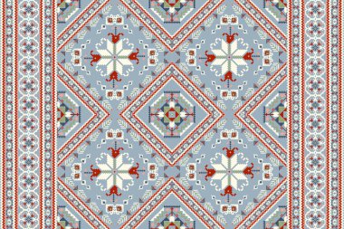 Geometrik etnik oryantal desen vektörü illüstrasyonu.Mavi zemin üzerine çiçek pikseli sanat nakışı, Aztek tarzı, soyut arkaplan. Doku, kumaş, giysi, ambalaj, dekorasyon, atkı, baskı.