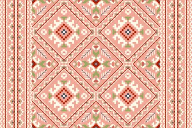Geometrik etnik oryantal model vektörü illüstrasyonu.Pembe zemin üzerine çiçek pikseli sanat nakışı, Aztek tarzı, soyut arkaplan. Doku, kumaş, giysi, ambalaj, dekorasyon, atkı, baskı.