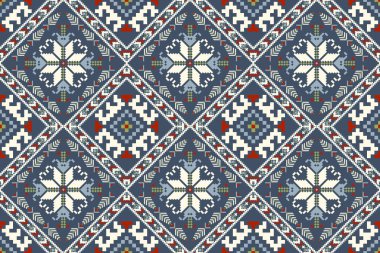 Geometrik etnik oryantal desensiz desensiz vektör illüstrasyonu. Mavi arka planda çiçek pikseli sanat nakışı, Aztek tarzı, soyut arka plan. Doku, kumaş, giysi, dekorasyon, baskı, fayans tasarımı..