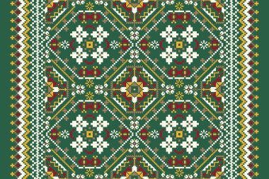 Geometrik etnik oryantal desen vektörü illüstrasyonu.Çiçek pikseli sanat nakışı yeşil arkaplan, Aztek tarzı, soyut arkaplan. Doku, kumaş, giysi, ambalaj, dekorasyon, eşarp, baskı