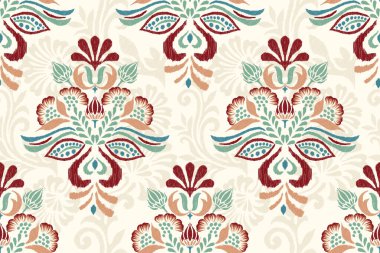 Beyaz arkaplan vektör illüstrasyonunda Ikat çiçek deseni. Ikat oryantal nakış, el çizimi, barok desen. Doku, kumaş, giysi, dekorasyon, sarong, moda kadınları için tasarım.