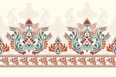 Beyaz arkaplan vektörü illüstrasyonundaki Damask Ikat çiçek deseni. Mürekkep deseni deseni deseni soyut, el çizimi, barok. Doku, kumaş, giysi, ambalaj, süs, atkı, baskı için tasarım..