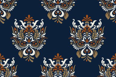 Ikat çiçek deseni, lacivert arkaplan vektör illüstrasyonunda. Ikat oryantal nakış, el çizimi, barok desen. Doku, kumaş, giysi, dekorasyon, sarong, moda.