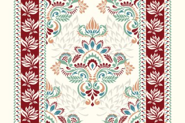 Beyaz arka plana Ikat desenli işleme.Geleneksel etnik oryantal desen, Aztek tarzı, soyut arkaplan, vektör illüstrasyonu. Doku, kumaş, giysi, halı, desen, baskı için tasarım.