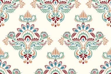 Beyaz arkaplan üzerine Ikat desenli işleme.Geleneksel etnik doğuya özgü kusursuz desen, Aztek tarzı, soyut arkaplan, vektör çizimi. Doku, kumaş, giysi, süsleme, baskı için tasarım.