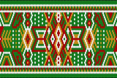 Yeşil arkaplan vektör illüstrasyonunda geometrik etnik oryantasyon deseni. Doğu Aztec stilinde yaşayanların geleneksel süslemeleri, soyut arkaplan. Doku, giysi, dekorasyon, baskı için tasarım.