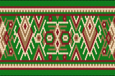 Yeşil arkaplan vektör illüstrasyonunda geometrik etnik oryantasyon deseni. Doğu Aztec stilinde yaşayanların geleneksel süslemeleri, soyut arkaplan. Doku, giysi, dekorasyon, baskı için tasarım.