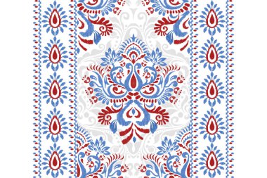 Beyaz arkaplan vektörü illüstrasyonunda Damask Ikat etnik deseni. Ikat çiçek işleme geleneği. Özgeçmiş, soyut özgeçmiş. Doku, kumaş, giysi, dekorasyon, halı, iz, desen tasarımı..