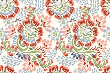 Beyaz arkaplan vektör illüstrasyonunda Ikat çiçek deseni. Ikat oryantal nakış, el çizimi, barok desen. Doku, kumaş, giysi, dekorasyon, sarong, moda kadınları için tasarım..
