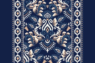 Deniz mavisi arkaplan vektör illüstrasyonundaki Damask deseni. ikat çiçek işleme geleneği. El çizimi desen, el çizimi desen, barok. Doku, kumaş, giysi, ambalaj, dekorasyon, atkı, halı.