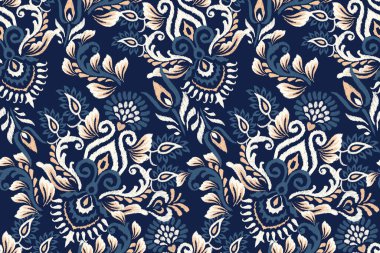 Damask lacivert arkaplan vektör illüstrasyonunda kusursuzdur. Ikat çiçekli nakış geleneği. Barok, el yapımı desen. Doku, kumaş, giysi, ambalaj, dekorasyon, baskı, eşarp tasarımı.