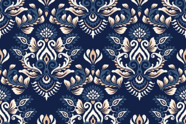 Damask lacivert arkaplan vektör illüstrasyonunda kusursuzdur. Ikat çiçekli nakış geleneği. Barok, el yapımı desen. Doku, kumaş, giysi, ambalaj, dekorasyon, baskı, eşarp tasarımı.