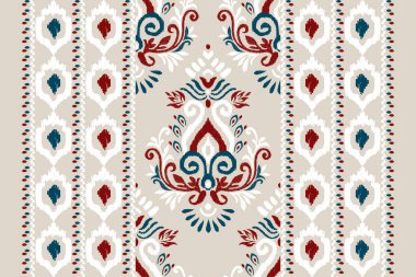 Ikat desenli gri arkaplan nakışı. Geleneksel etnik oryantal desen, Aztek tarzı, soyut arkaplan, vektör çizimi. Doku, kumaş, giysi, halı, dekorasyon, baskı için tasarım..
