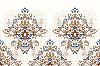 Beyaz arka plana Ikat desenli işleme.Geleneksel etnik oryantal desen, Aztek tarzı, soyut arkaplan, vektör illüstrasyonu. Doku, kumaş, giysi, sarong, dekorasyon, baskı için tasarım.