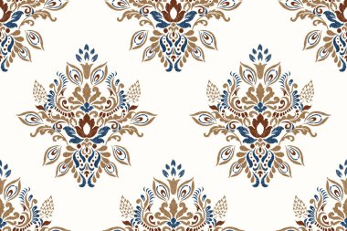 Beyaz arkaplan vektör illüstrasyonuna Ikat çiçekli nakış. İkat etnik doğulu desen. Aztek tarzı, soyut arka plan. Doku, kumaş, giysi, dekorasyon, baskı için tasarım.