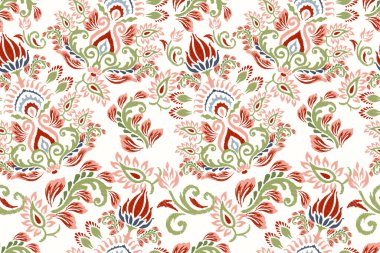 Beyaz arkaplan vektör illüstrasyonunda Ikat çiçek deseni. Ikat oryantal nakış, el çizimi, barok desen. Doku, kumaş, giysi, dekorasyon, sarong, moda kadınları için tasarım..