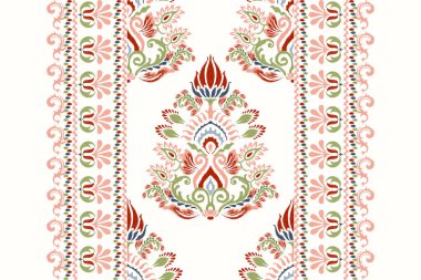 Beyaz arka plana Ikat desenli işleme.Geleneksel etnik oryantal desen, Aztek tarzı, soyut arkaplan, vektör illüstrasyonu. Doku, kumaş, giysi, halı, desen, baskı için tasarım.