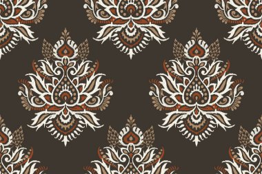 Kahverengi arkaplan vektör illüstrasyonunda Ikat çiçek deseni. Ikat oryantal nakış, el çizimi, barok desen. Doku, kumaş, kıyafet, dekorasyon, sarong, moda için tasarım..