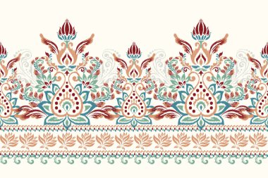 Beyaz arka plana Ikat desenli işleme.Geleneksel etnik oryantal desen, Aztek tarzı, soyut arkaplan, vektör illüstrasyonu. Doku, kumaş, giysi, sarong, dekorasyon, baskı için tasarım.