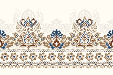 Beyaz arkaplan vektör illüstrasyonundaki Damask deseni. Ikat çiçekli nakış geleneksel. Soyut arkaplan, barok desen. Doku, kumaş, giysi, süsleme, sarong, baskı için tasarım..