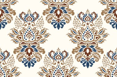 Beyaz arkaplan vektör illüstrasyonunda Damask pürüzsüz desen. Ikat çiçek işleme geleneği. Aztec tarzı, soyut arka plan, barok desen. Doku, kumaş, giysi, süsleme, baskı için tasarım..