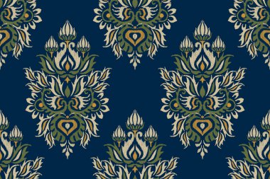 Ikat çiçek deseni, lacivert arkaplan vektör illüstrasyonunda. Ikat oryantal nakış, el çizimi, barok desen. Doku, kumaş, giysi, dekorasyon, sarong, moda.