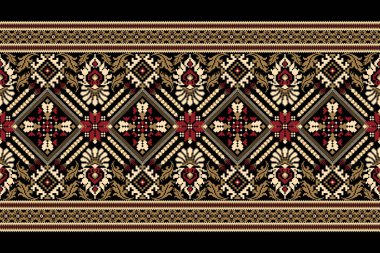 Siyah arkaplan vektörü illüstrasyonunda geometrik etnik desen. Çiçek çapraz dikiş nakış geleneği. Öztec stili, soyut arkaplan. Doku, kumaş, giysi, dekorasyon, baskı için tasarım..